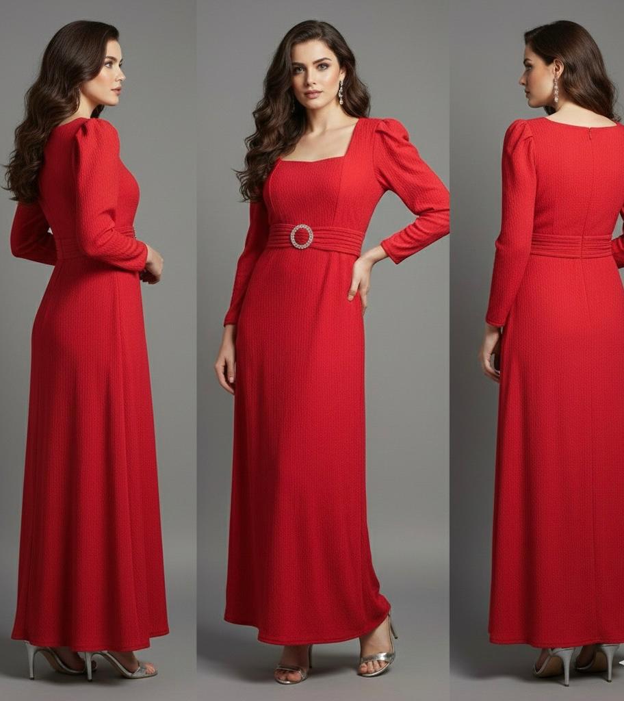 AJVIE Women’s Sophisticated Long Sleeve Party Wear One Piece – Red