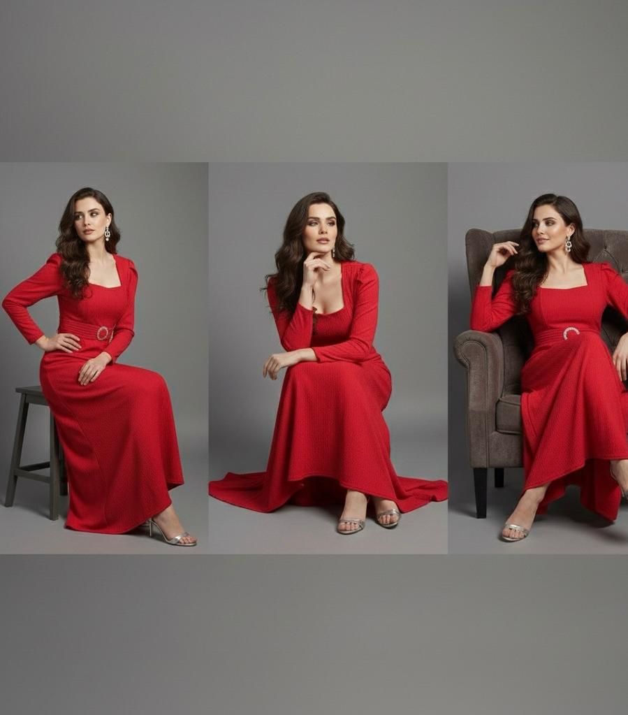 AJVIE Women’s Sophisticated Long Sleeve Party Wear One Piece – Red