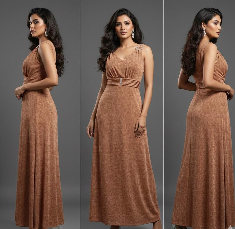 AJVIE Women’s Glamorous V-Neck Sleeveless Party Wear One Piece Dress – Bronze