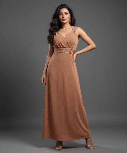 AJVIE Women’s Glamorous V-Neck Sleeveless Party Wear One Piece Dress – Bronze