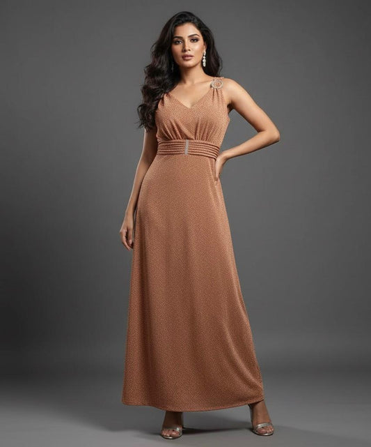 AJVIE Women’s Glamorous V-Neck Sleeveless Party Wear One Piece Dress – Bronze