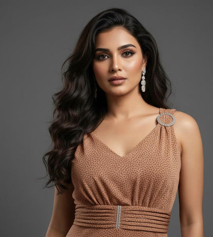 AJVIE Women’s Glamorous V-Neck Sleeveless Party Wear One Piece Dress – Bronze