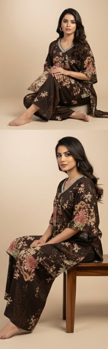 AJVIE Luxe Bloom Kaftan Kurta Set – Midnight Floral Elegance