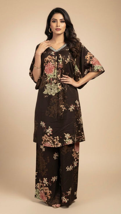 AJVIE Luxe Bloom Kaftan Kurta Set – Midnight Floral Elegance