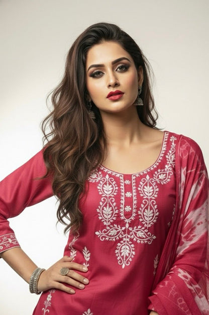 AJVIE Women’s Designer Embroidered Kurta with Dupatta & Pant – Premium Ethnic Collection