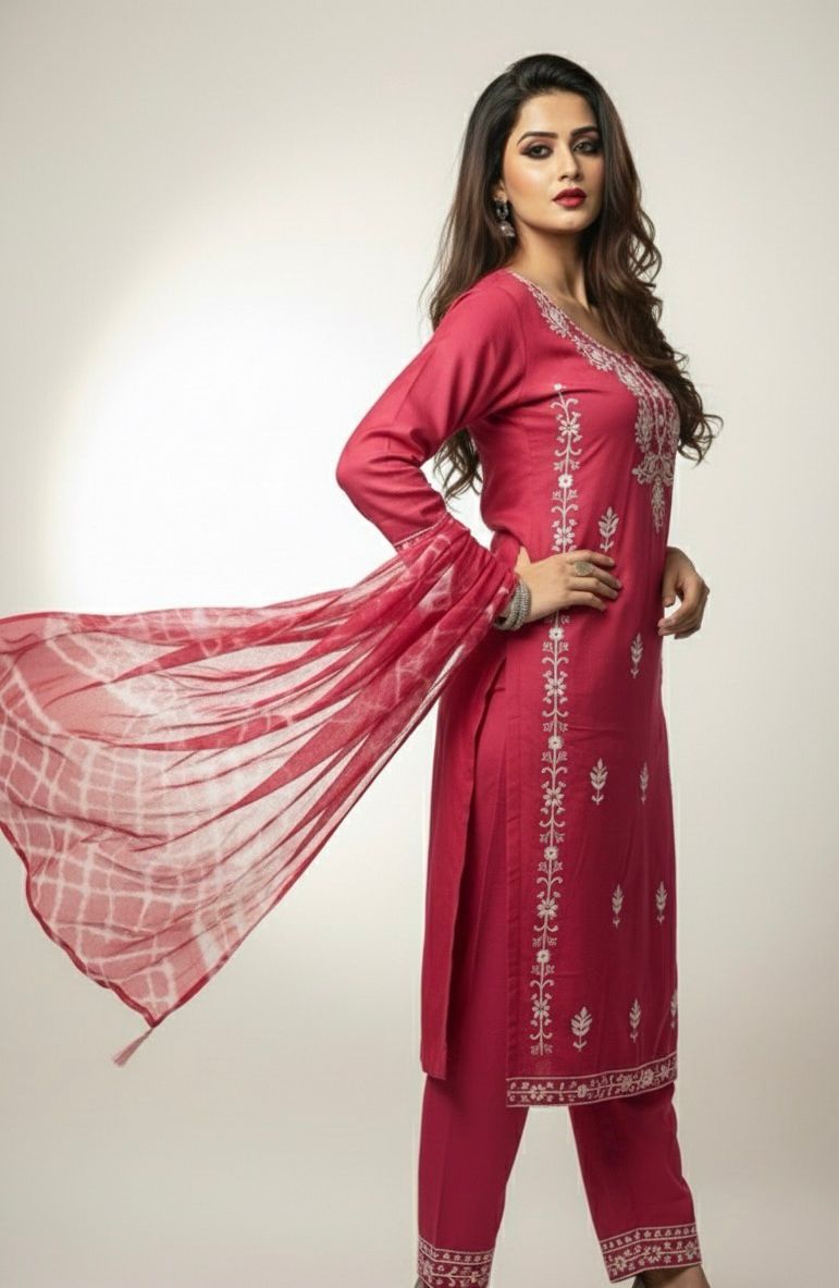 AJVIE Women’s Designer Embroidered Kurta with Dupatta & Pant – Premium Ethnic Collection