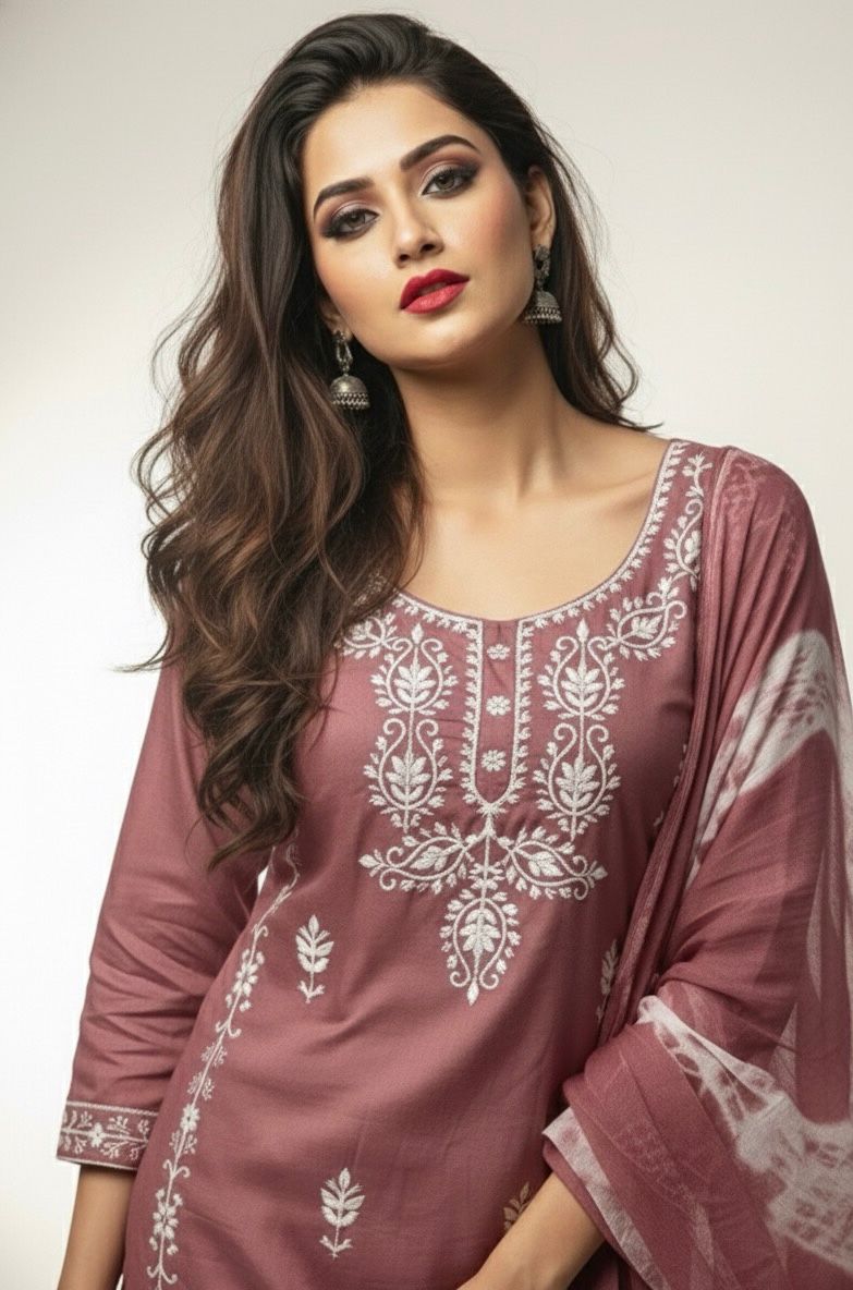 AJVIE Women’s Designer Embroidered Kurta with Dupatta & Pant – Premium Ethnic Collection