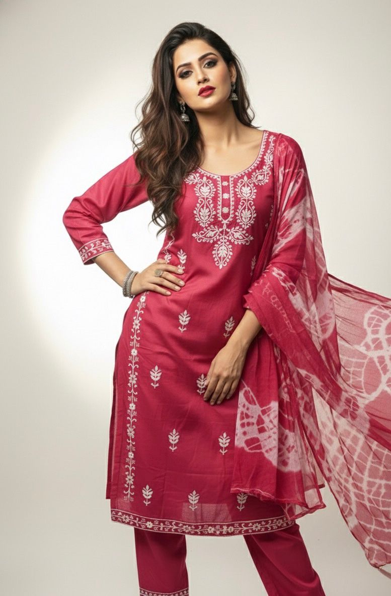 AJVIE Women’s Designer Embroidered Kurta with Dupatta & Pant – Premium Ethnic Collection