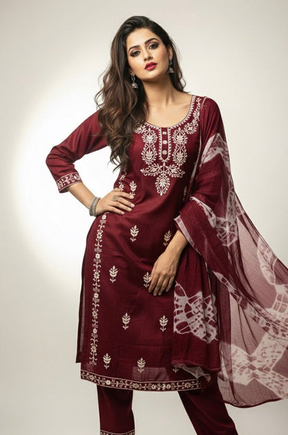 AJVIE Women’s Designer Embroidered Kurta with Dupatta & Pant – Premium Ethnic Collection