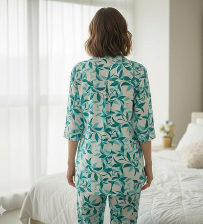 AJVIE Designer Aqua Leaf Buttoned Cord Set 🌿✨