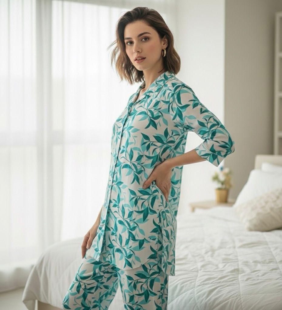 AJVIE Designer Aqua Leaf Buttoned Cord Set 🌿✨