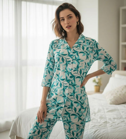 AJVIE Designer Aqua Leaf Buttoned Cord Set 🌿✨