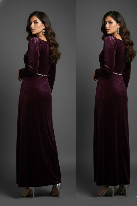 AJVIE Designer Wine Velvet One Piece Dress with Slit | Elegant Party & Evening Wear Gown