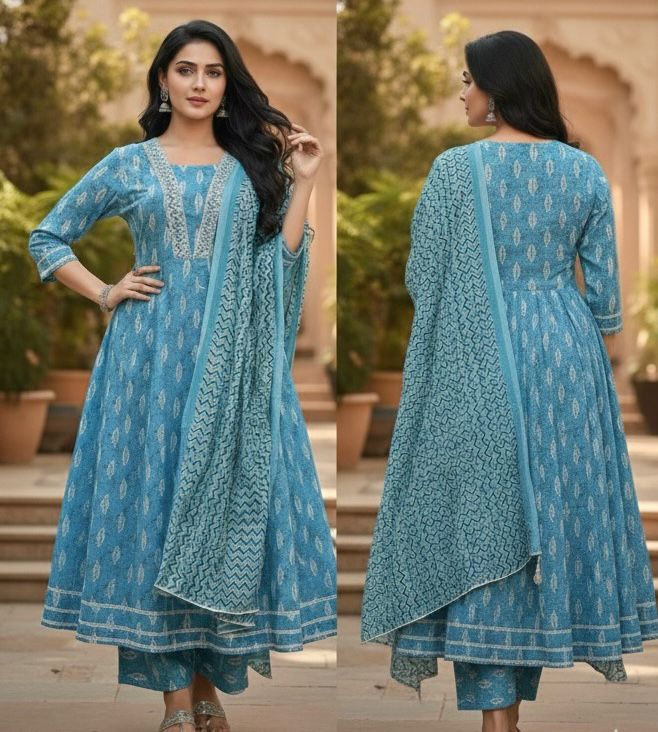 AJVIE Designer Sky Blue Cotton Ghera 3-Piece Kurta Set with Pant & Printed Dupatta – Elegant Festive & Everyday Ethnic Wear