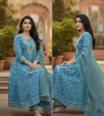 AJVIE Designer Sky Blue Cotton Ghera 3-Piece Kurta Set with Pant & Printed Dupatta – Elegant Festive & Everyday Ethnic Wear