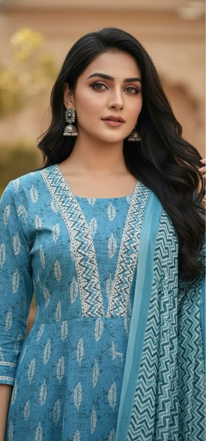 AJVIE Designer Sky Blue Cotton Ghera 3-Piece Kurta Set with Pant & Printed Dupatta – Elegant Festive & Everyday Ethnic Wear