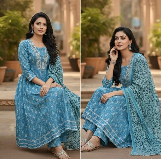AJVIE Designer Sky Blue Cotton Ghera 3-Piece Kurta Set with Pant & Printed Dupatta – Elegant Festive & Everyday Ethnic Wear