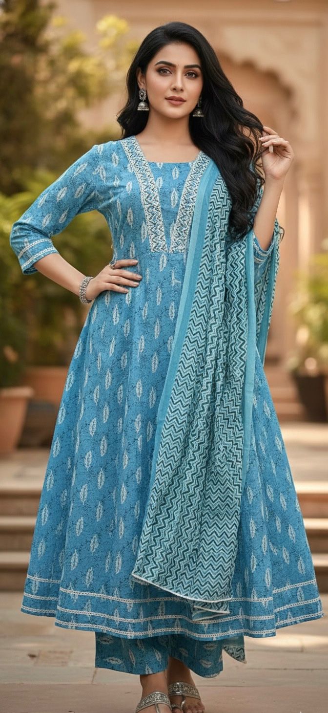 AJVIE Designer Sky Blue Cotton Ghera 3-Piece Kurta Set with Pant & Printed Dupatta – Elegant Festive & Everyday Ethnic Wear