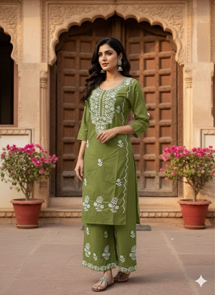 💫 AJVIE – Lucknavi Designer Embroidered Dress Set (With Pant & Dupatta)