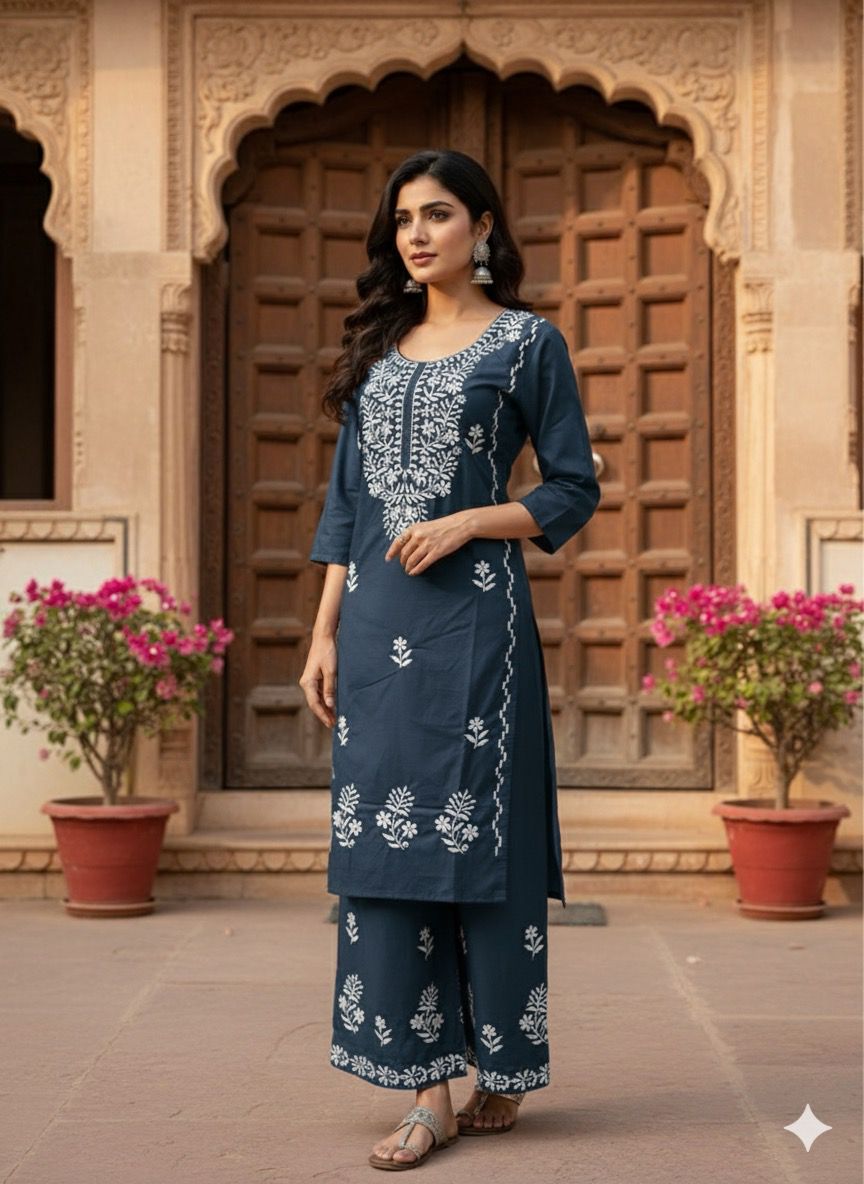 💫 AJVIE – Lucknavi Designer Embroidered Dress Set (With Pant & Dupatta)