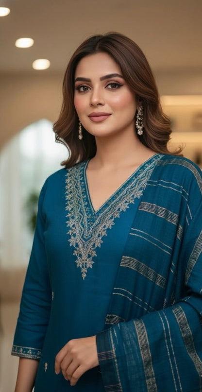 AJVIE Special Roman Silk Fabrics Designer Suit with Dupatta in Yellow, Red, Purple & Peacock Blue colour