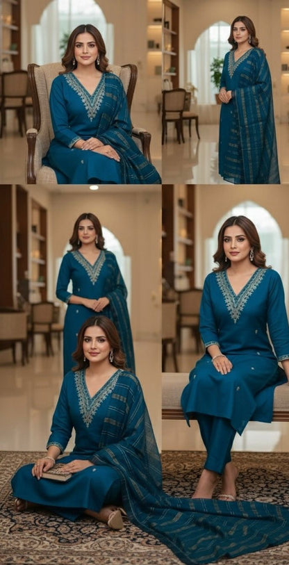 AJVIE Special Roman Silk Fabrics Designer Suit with Dupatta in Yellow, Red, Purple & Peacock Blue colour